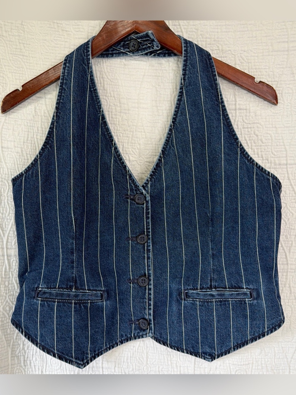 Gap Denim Sleeveless Halter Vest Railroad Stripe Indigo Top Women Medium Petite